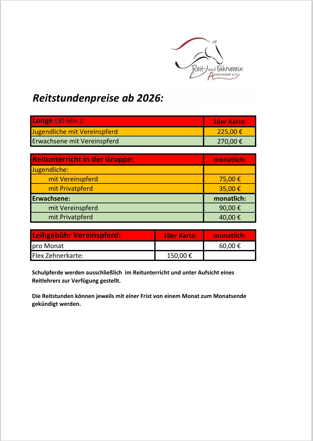 Reitstundenpreise 2026